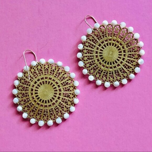 Gold Toned Filigree Beaded Disc Boho Earrings - Picture 1 of 2